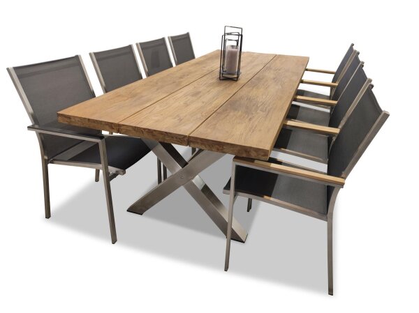 Sitzgruppe Mai.Lo Esstisch 240 cm Old Teak / Edelstahl inkl Stern Stabelsessel Cardiff Kunstoff-Armlehne