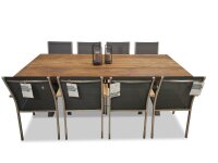 Sitzgruppe Mai.Lo Esstisch 240 cm Old Teak / Edelstahl inkl Stern Stabelsessel Cardiff Kunstoff-Armlehne