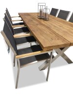 Sitzgruppe Mai.Lo Esstisch 240 cm Old Teak / Edelstahl inkl Stern Stabelsessel Cardiff Kunstoff-Armlehne